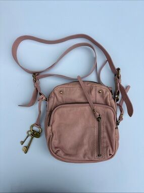Fossil Vintage Pink Leather Crossbody Organizer Bag with Brass Key Charm